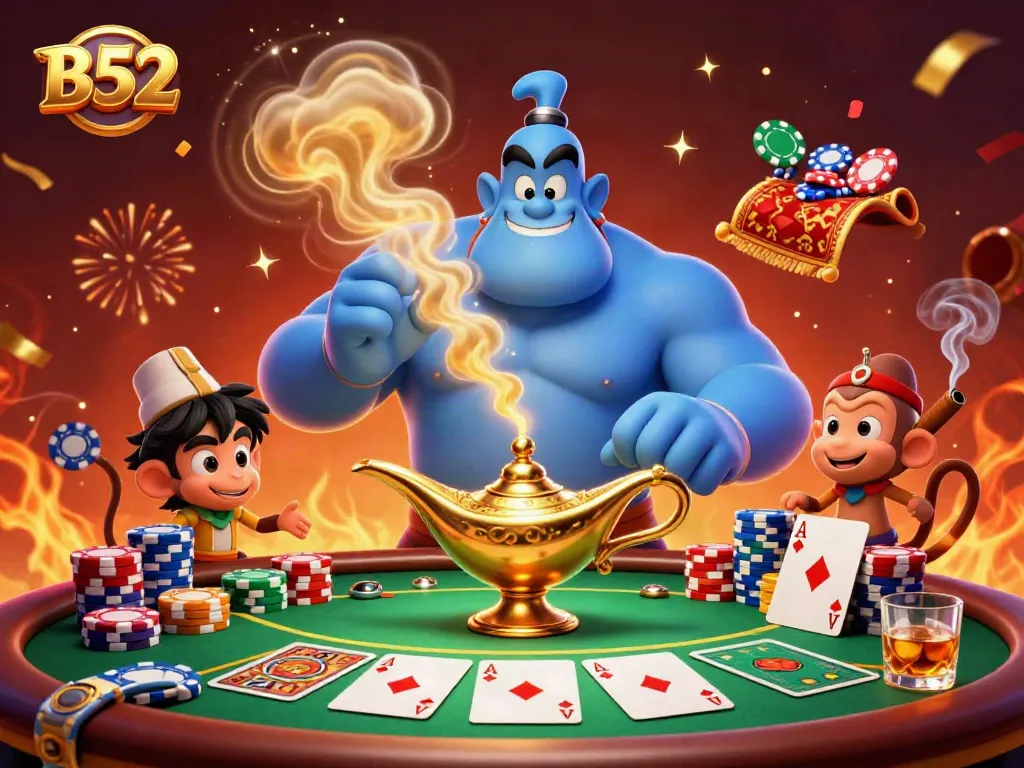 Experience the magic of B52 in a vibrant casino scene with a genie and poker elements.