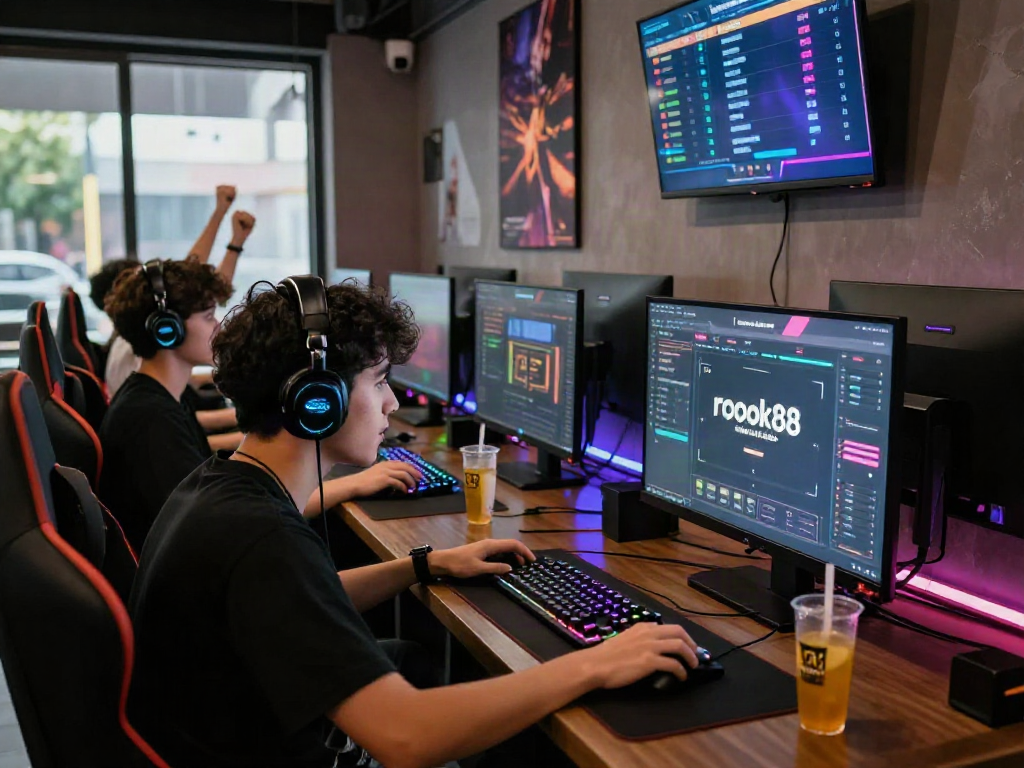 Engaged gamers enjoying rokok88 alternatif in a vibrant gaming café atmosphere, highlighting competitive gameplay.