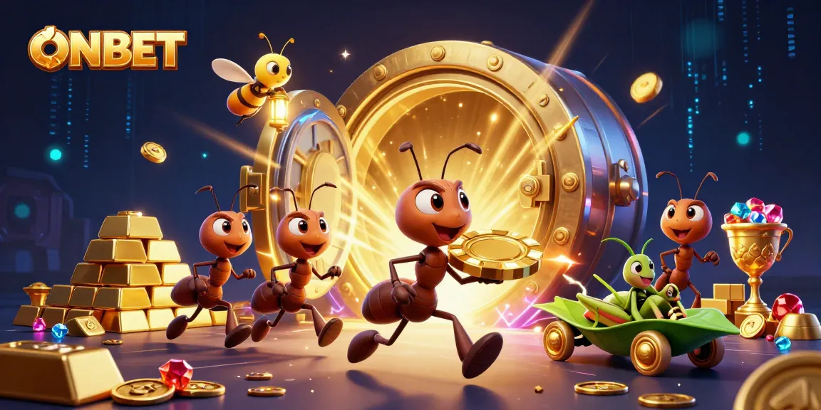 Engaging gambling scene showcasing ONBET with cartoon ants heisting a giant poker chip amid treasure in a vibrant casino