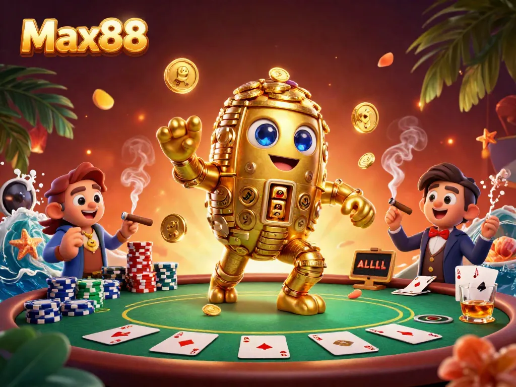 Engage in thrilling gameplay at Max88 with vibrant casino elements and a captivating golden golem.