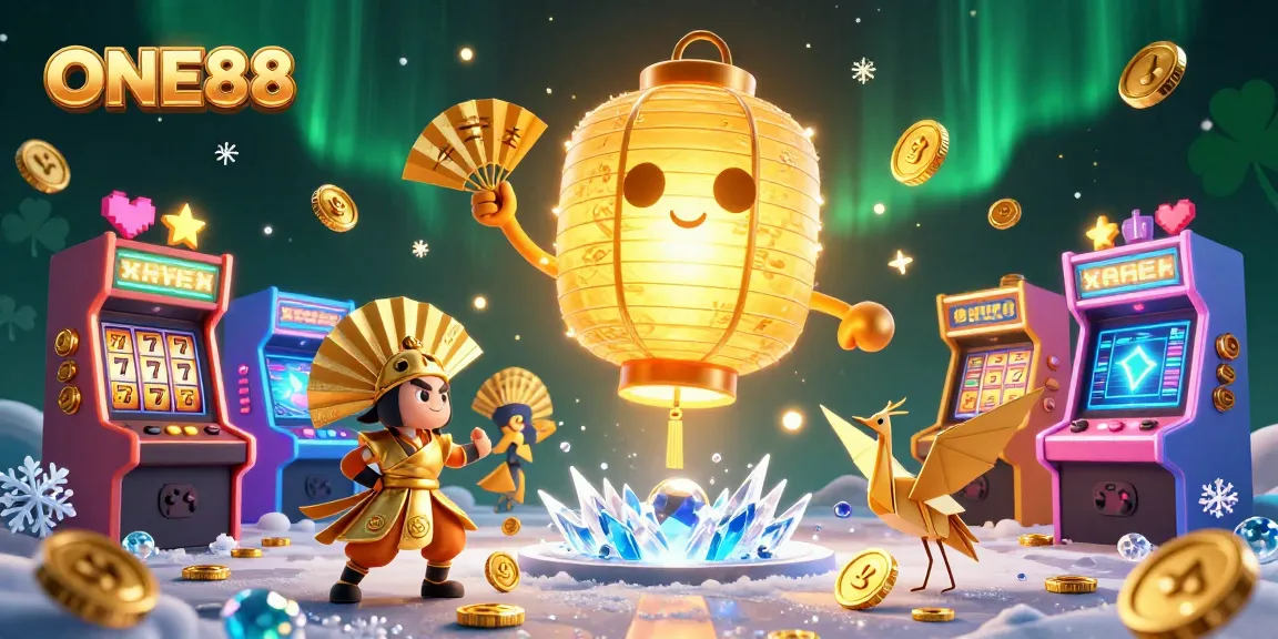 Engage with ONE88's colorful 3D casino night market scene featuring games, lucky symbols, and festive characters.
