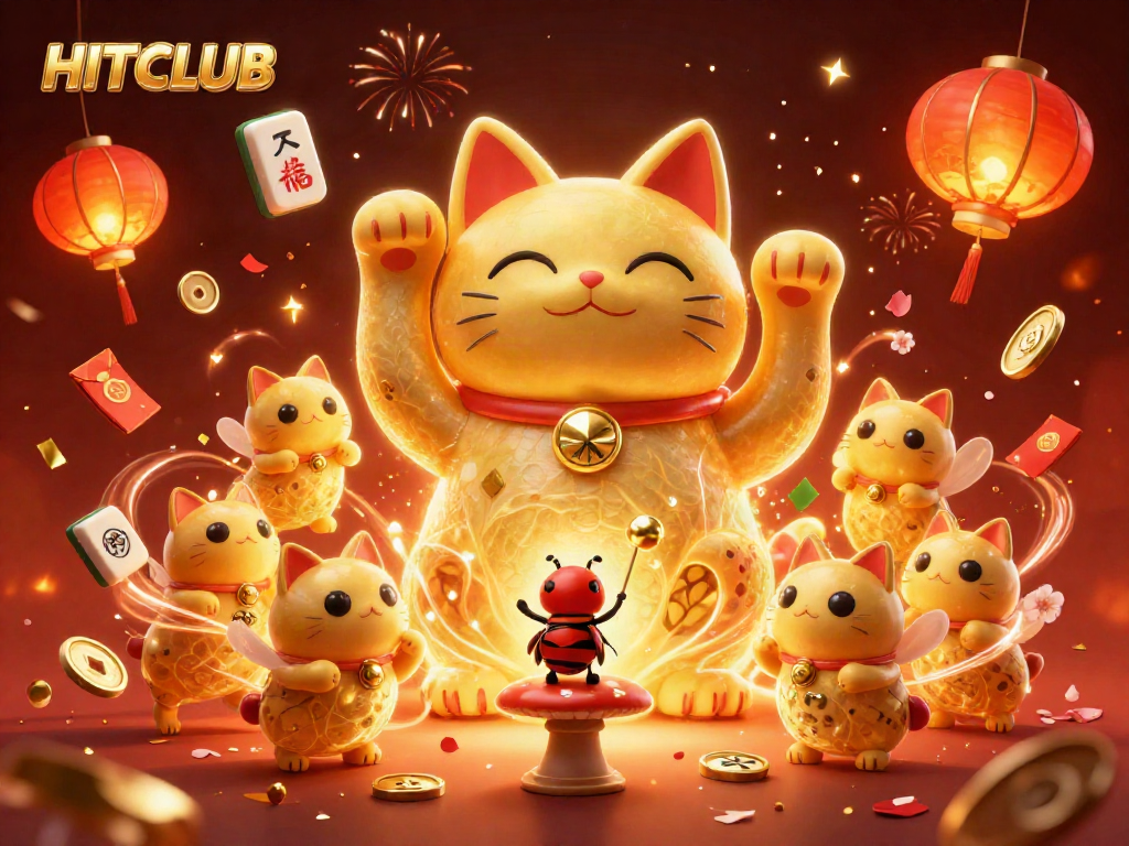 Experience HITCLUB's vibrant casino atmosphere with a magical lucky cat surrounded by items of fortune.