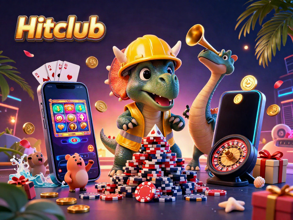 Engage with Hitclub's vibrant gaming scene featuring lively characters and dynamic casino elements.