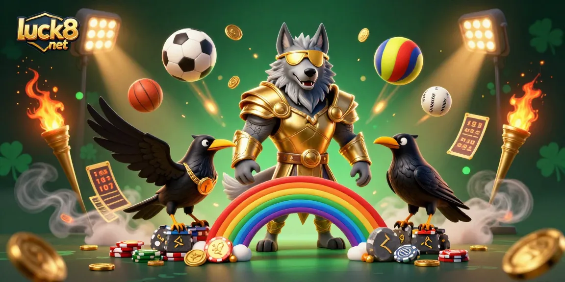Experience the thrill at luck8 net with a vibrant 3D depiction of Odin and ravens amidst glamorous casino elements.