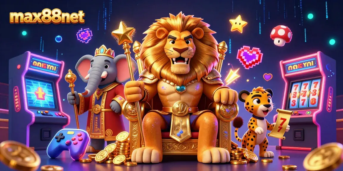 Engage with max88net's vibrant 3D casino illustration featuring a fierce lion king, lucky slot reels, and interactive gaming elements.