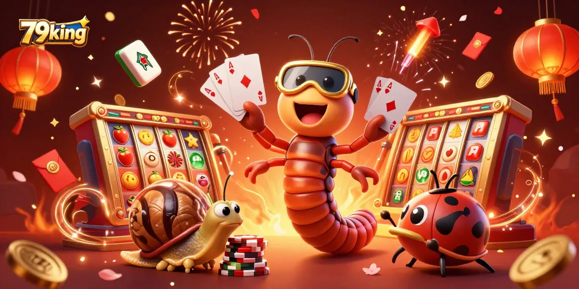 Engaging scene of a 79king themed casino with a cartoon dealer and festive game elements