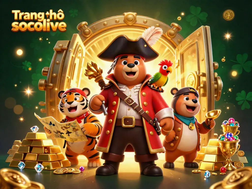 Experience thrilling action with "Trang chủ socolive," showcasing a vibrant pirate-themed treasure scene with detailed characters and gambling elements.