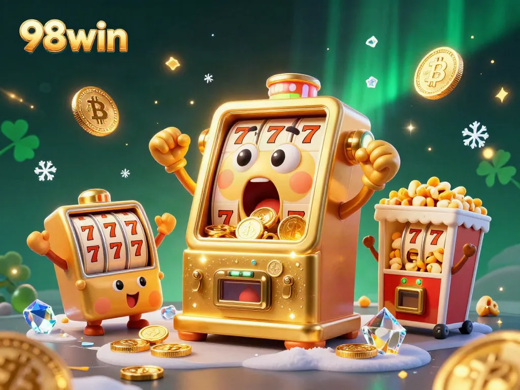 Experience an exciting jackpot moment at 98win with vibrant slot machines celebrating and glowing Bitcoin coins.