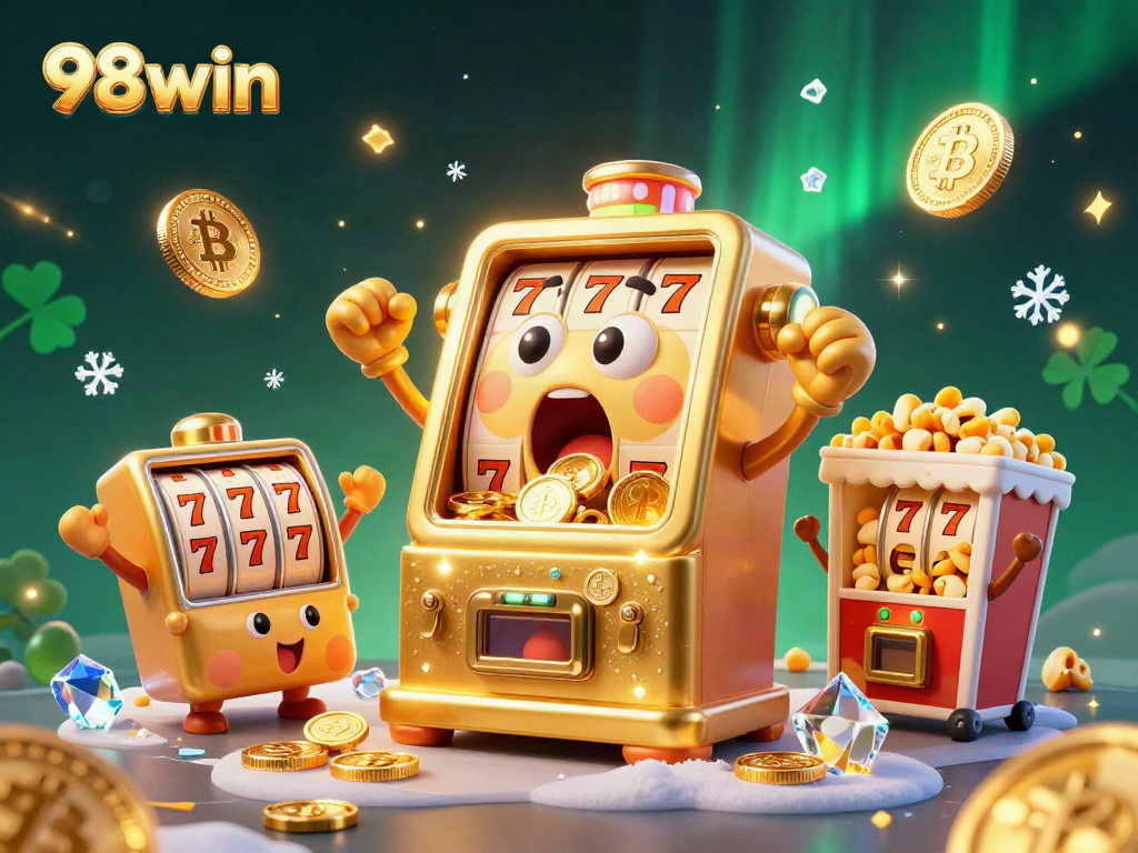 Experience an exciting jackpot moment at 98win with vibrant slot machines celebrating and glowing Bitcoin coins.