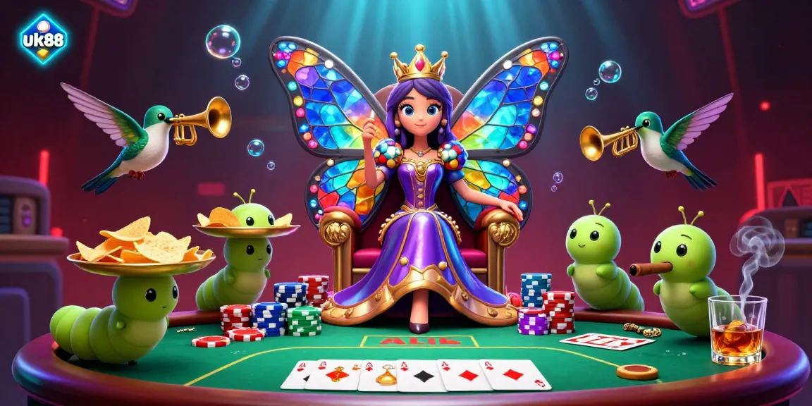 Experience engaging gameplay at uk88 with a vibrant casino scene featuring a butterfly queen and poker elements.