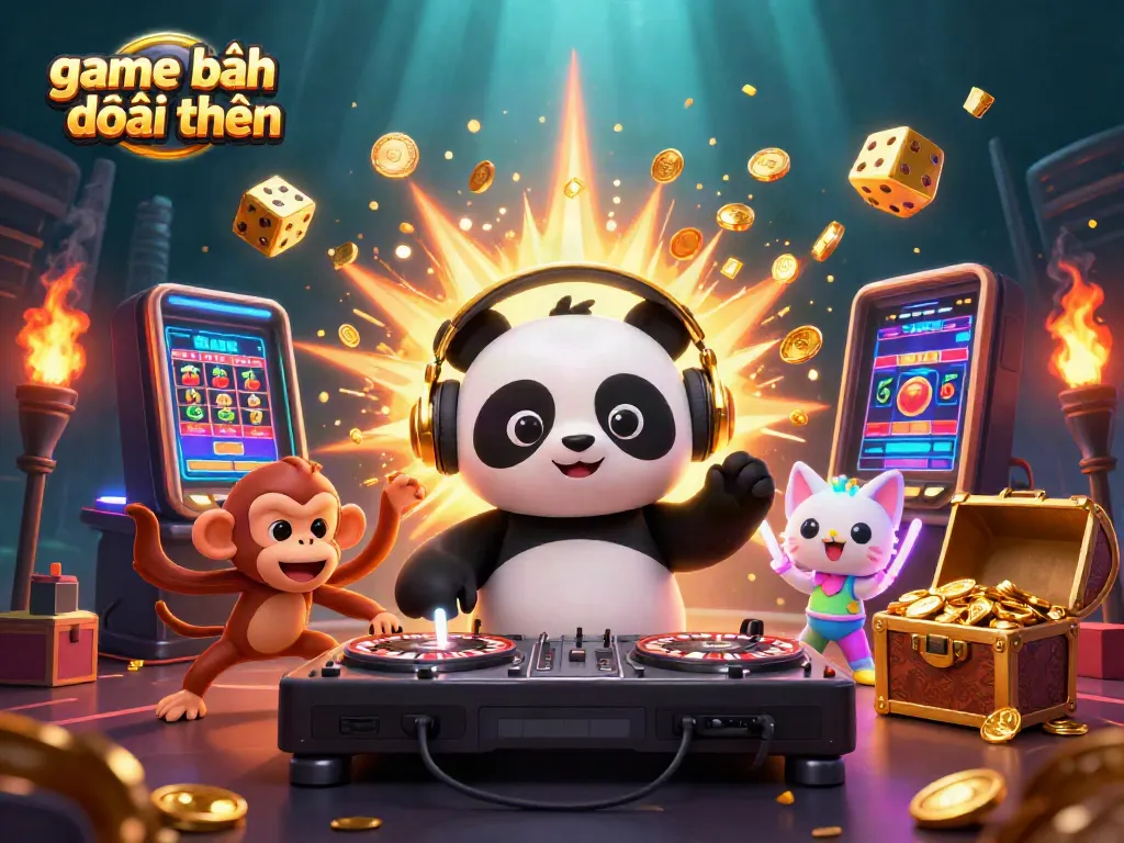 Engage with game đánh bài đổi thưởng in a vibrant scene featuring a DJ panda spinning roulette turns, surrounded by lively characters and casino elements.