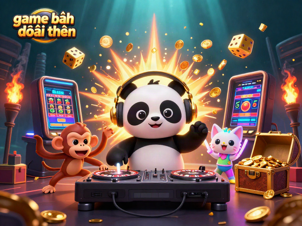 Engage with game đánh bài đổi thưởng in a vibrant scene featuring a DJ panda spinning roulette turns, surrounded by lively characters and casino elements.