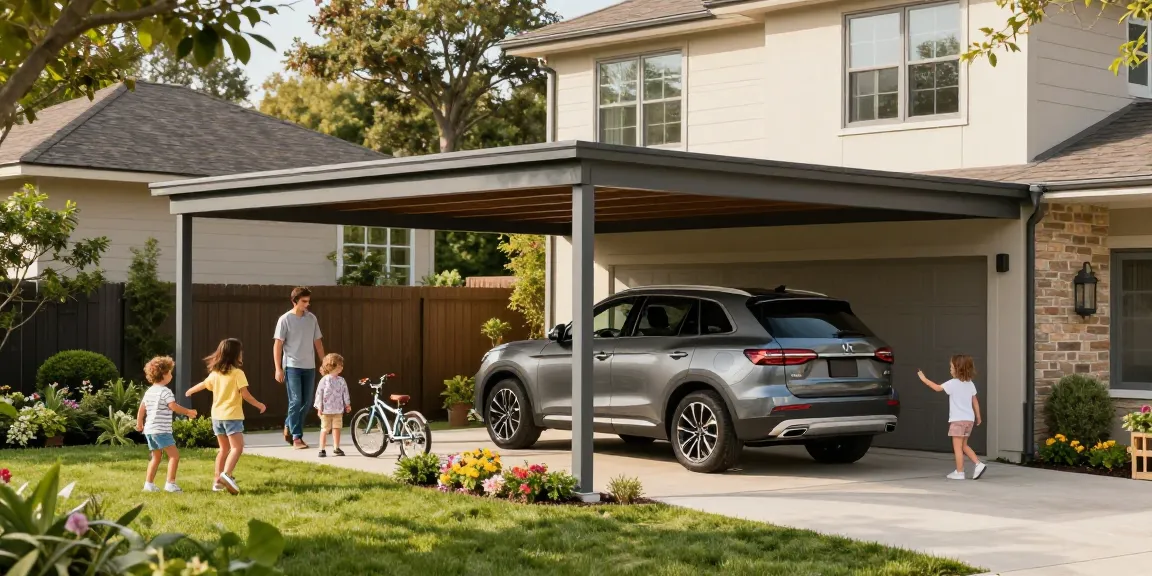 Carport bietet Schatten für SUV in einer modernen Wohnumgebung, Familienleben genießen.