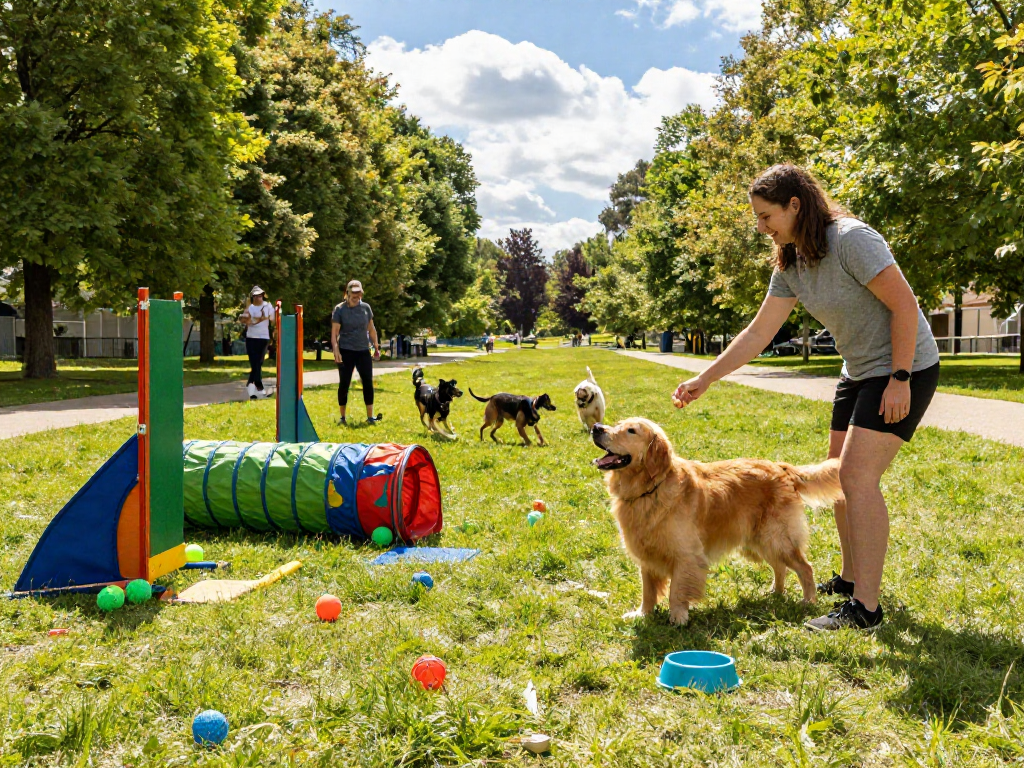 Golden retriever eagerly responding to trainer's command during DEWI111 pet training session in vibrant park