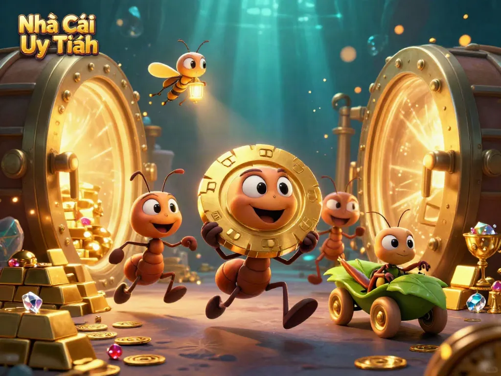 Engage with Nhà Cái Uy Tín in a vibrant casino heist scene showcasing ants, gold, and jewels.