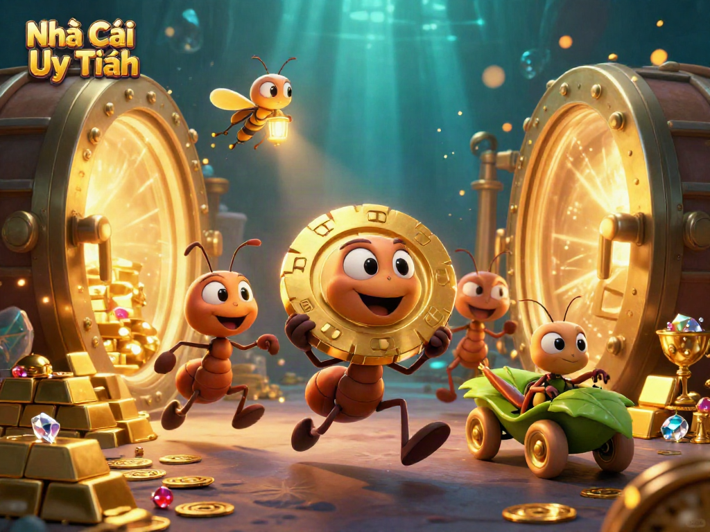 Engage with Nhà Cái Uy Tín in a vibrant casino heist scene showcasing ants, gold, and jewels.