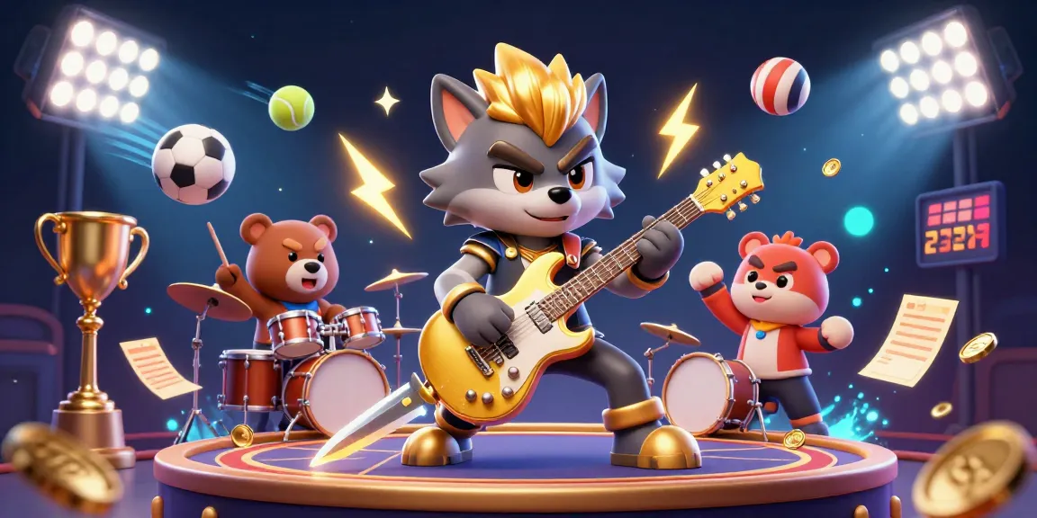 Experience the vibrant action of Sin88 nhà cái with a wolf rock star and a drummer bear on a lively casino stage.