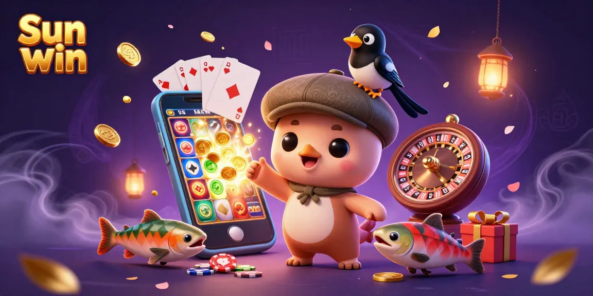 Engage in thrilling gaming adventures with Sun win, featuring playful characters and vibrant casino elements.
