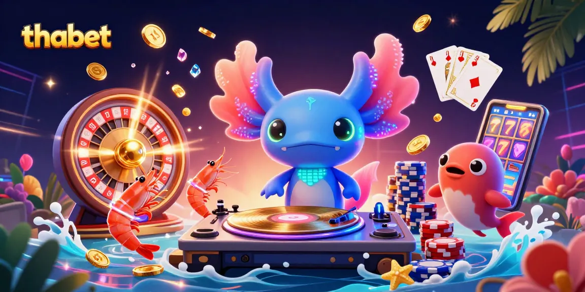 Experience thabet's vibrant casino world with a neon axolotl DJ and underwater excitement.
