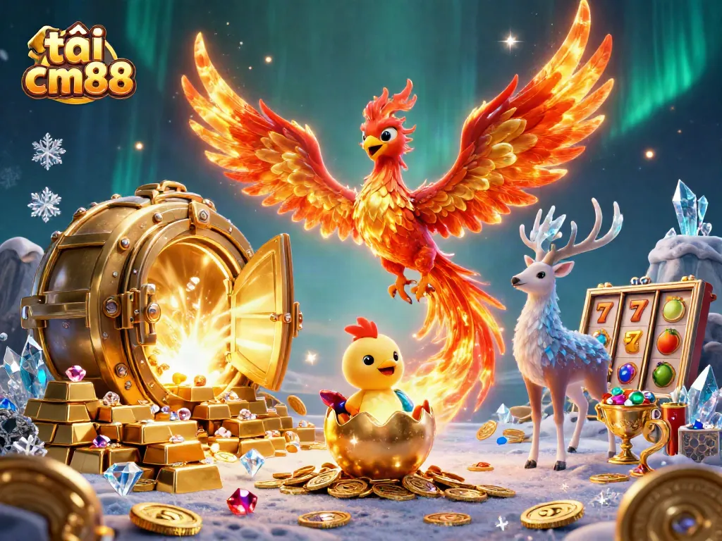 Win big with tải cm88 featuring a phoenix and treasures illuminating the casino scene.