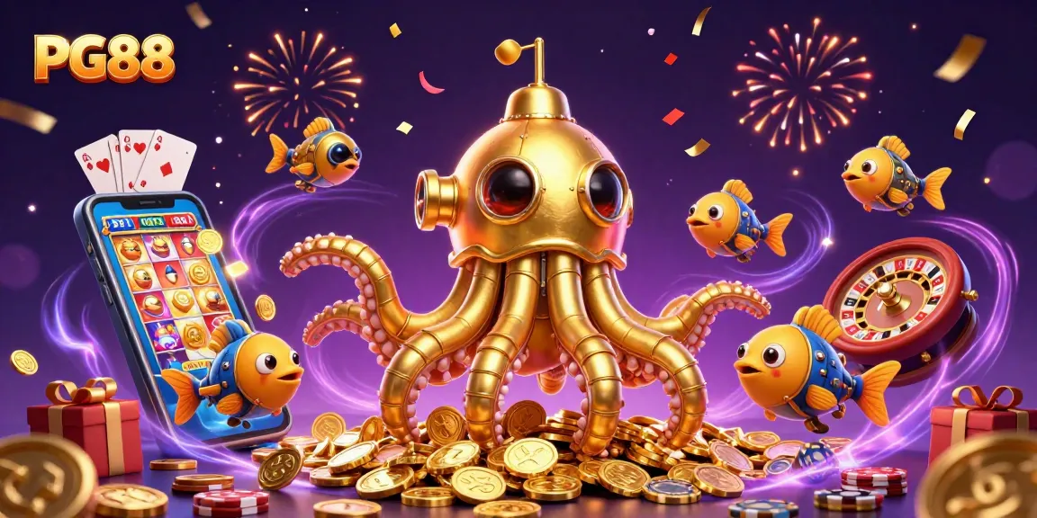 Experience PG88's vibrant casino adventure with a golden kraken and slot game excitement.