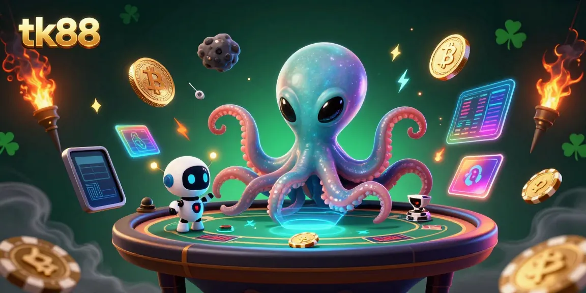 Experience the excitement of tk88 gaming with a vibrant alien casino scene showcasing poker elements and cryptocurrency symbols.