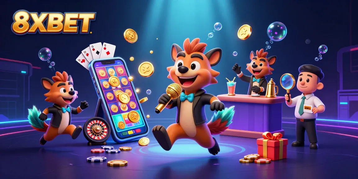 Engaging scene at 8XBET's casino with hyena characters entertaining and celebrating