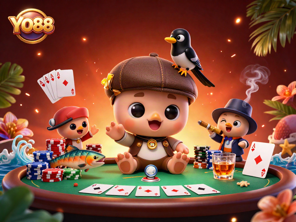 Engage with YO88's vibrant casino scene featuring adorable Nessie and playful characters surrounded by poker elements.