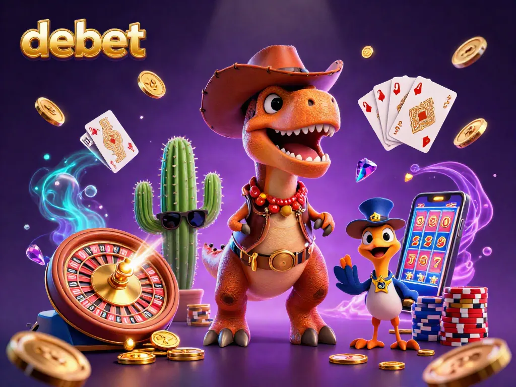 Engage with debet's dynamic gaming world featuring a T-Rex cowboy and vibrant casino elements.