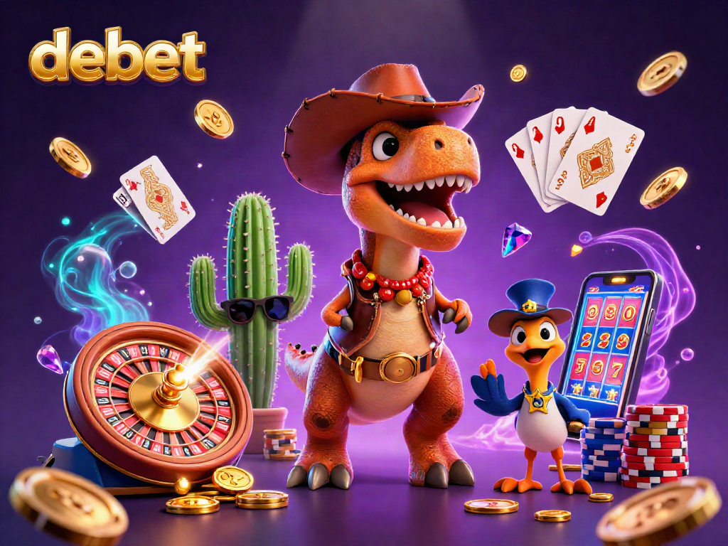 Engage with debet's dynamic gaming world featuring a T-Rex cowboy and vibrant casino elements.