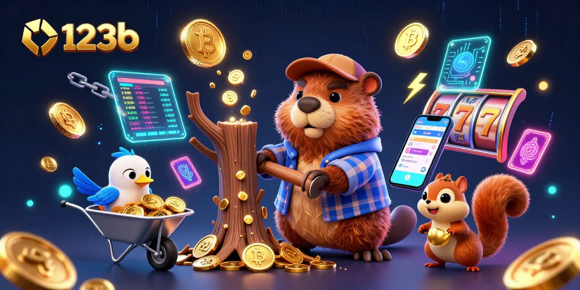 Witness the excitement of 123b's casino with lively characters and cryptocurrency elements in action.