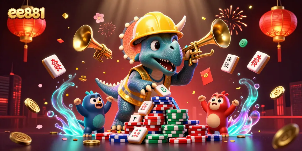 ee881 celebrates victories with a triceratops building poker chip towers amidst festive elements.