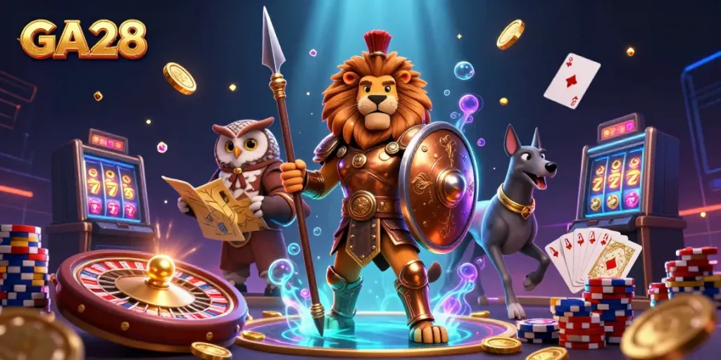 Experience the excitement of casino gaming with GA28, featuring dynamic characters and vibrant game elements.