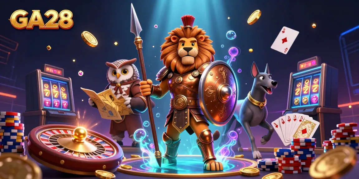 Experience the excitement of casino gaming with GA28, featuring dynamic characters and vibrant game elements.