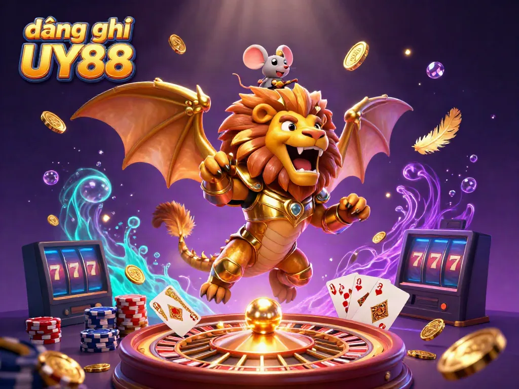 Engage in thrilling đăng ký UY88 gameplay with a 3D chimera in golden armor amidst casino elements.