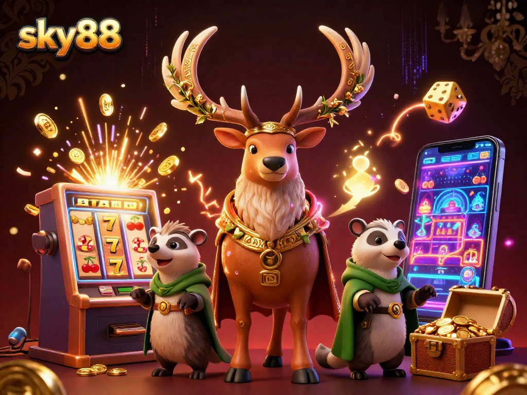Spin into excitement with sky88's vibrant casino scene featuring winning jackpots and festive celebrations.