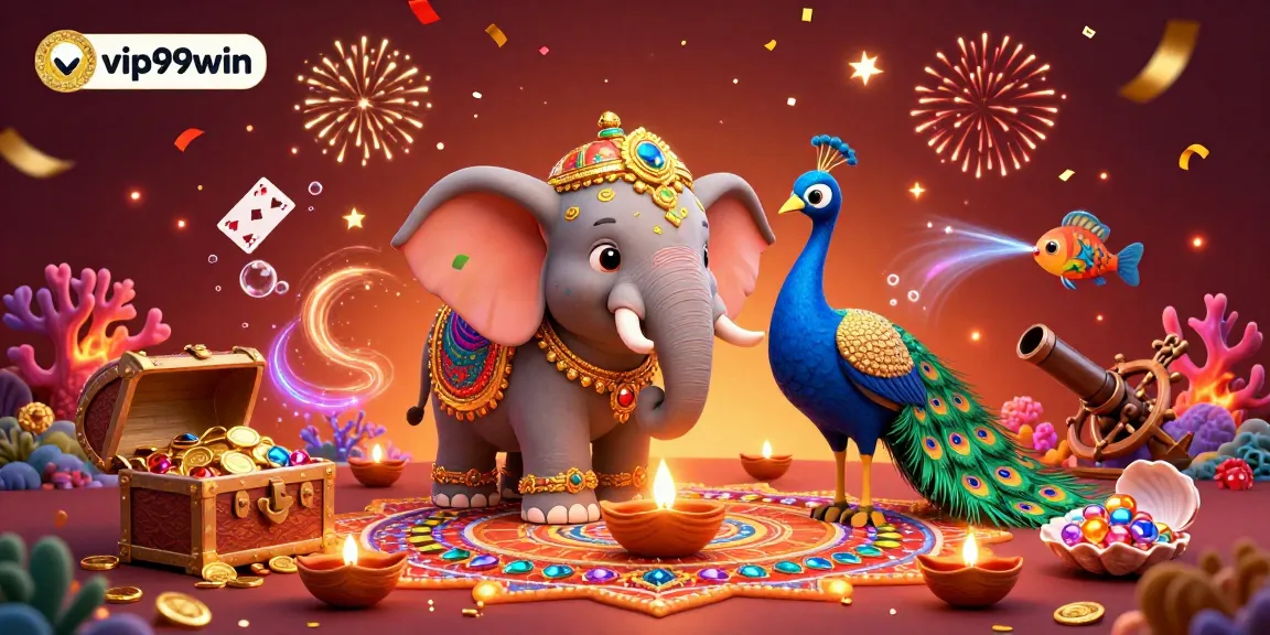Join the excitement at vip99win with a celebratory scene featuring a colorful elephant and peacock amidst casino treasures.