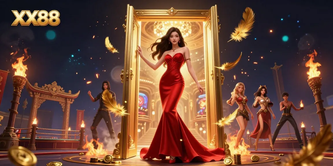 Witness the captivating scene at XX88 with a stunning Asian beauty in a luxurious casino doorway.