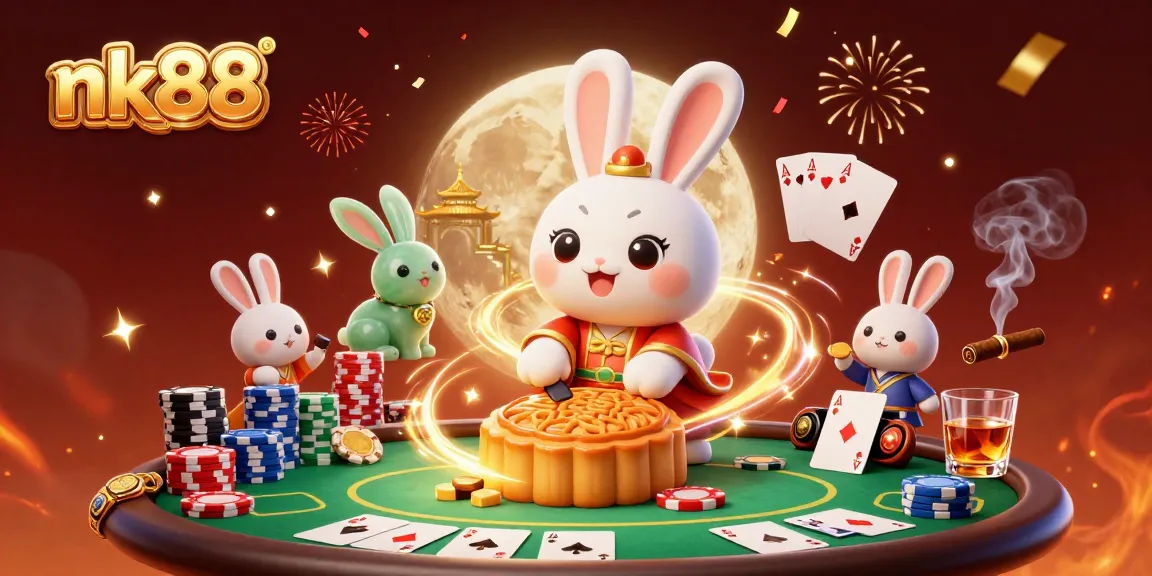 Join the moon rabbit in folklore style as nk88 poker chips crack from mooncakes in a vibrant casino scene.