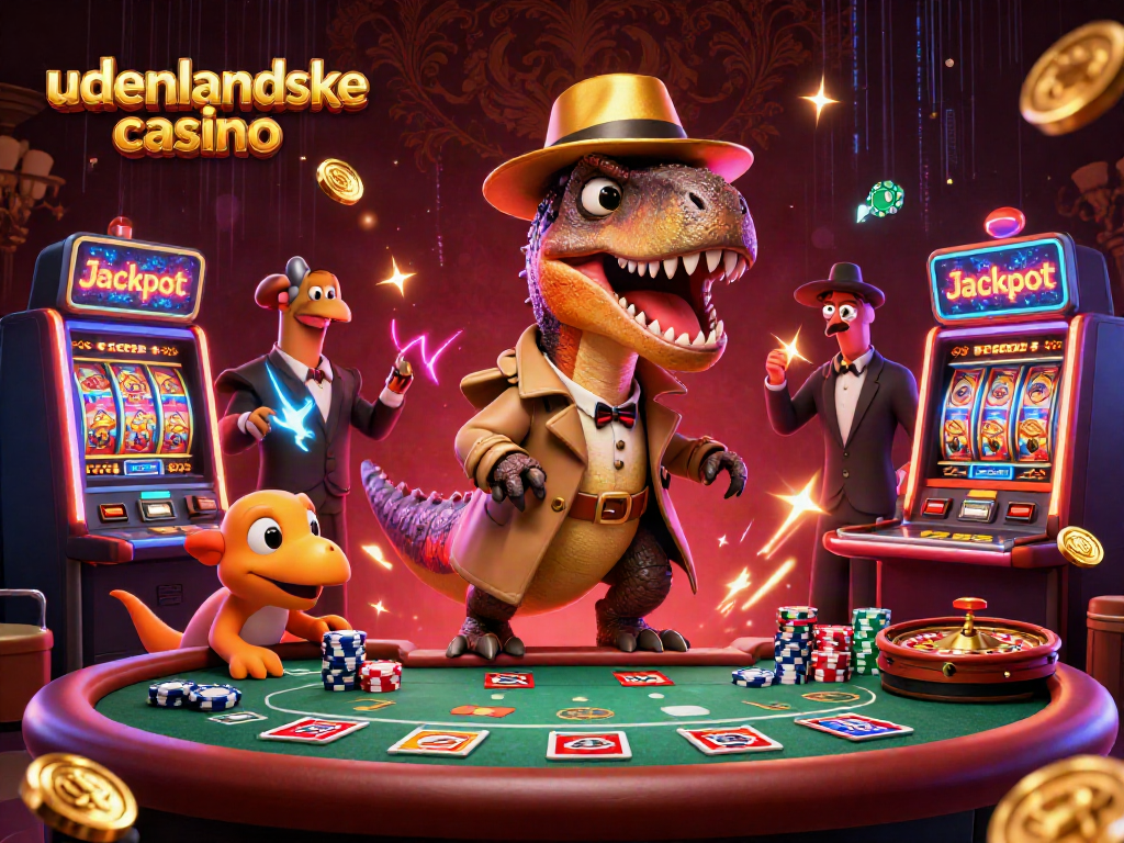 Experience the thrill of udenlandske casino with a velociraptor at a blackjack table amid dynamic gaming elements.