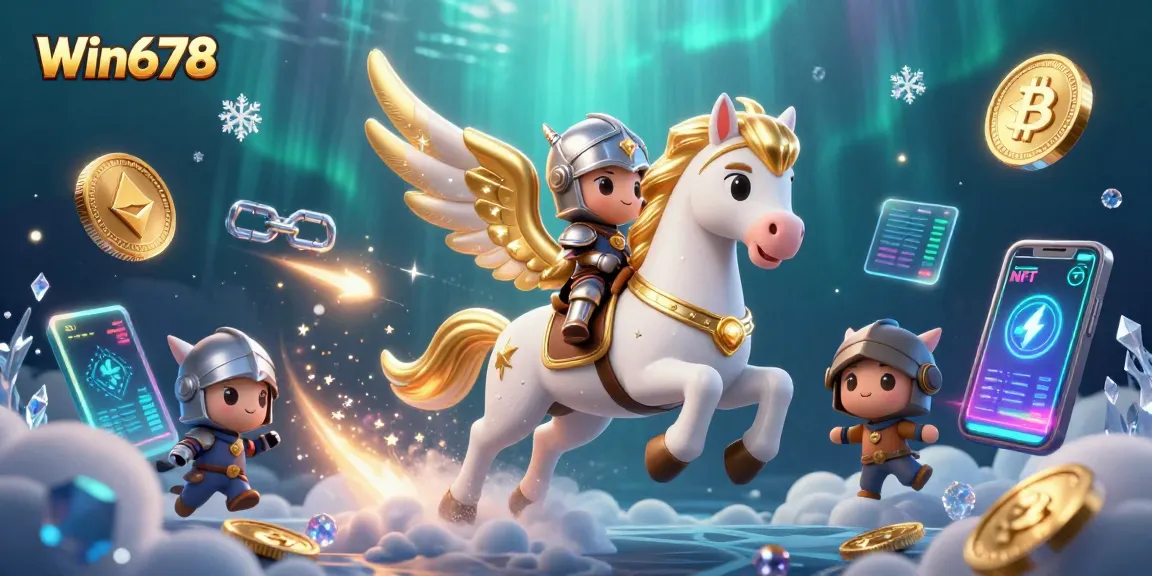 Win678 showcases a celestial scene of a knight on a horse amidst crypto elements, capturing gaming excitement.