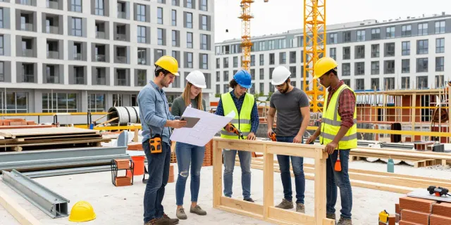 Professionelles Team einer Baufirma Wien bei der Bauüberprüfung und Planung eines Wohnprojekts