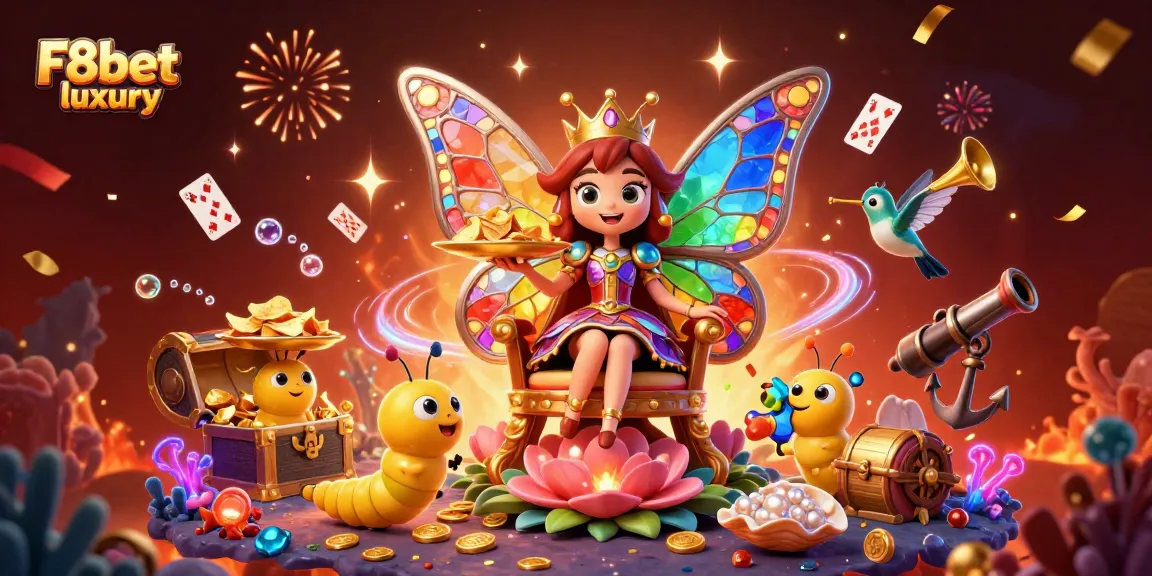 Experience the vibrant and colorful world of F8bet luxury as the butterfly queen presides over a majestic gambling scene.