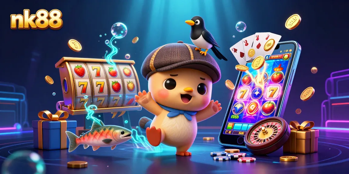 Win big with nk88 in a vibrant casino-themed illustration featuring baby Nessie and friends.