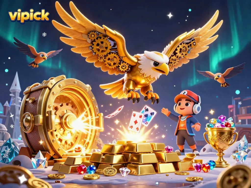 Experience the excitement of vipluck casino as a golden eagle soars through a world of holographic cards and treasures.