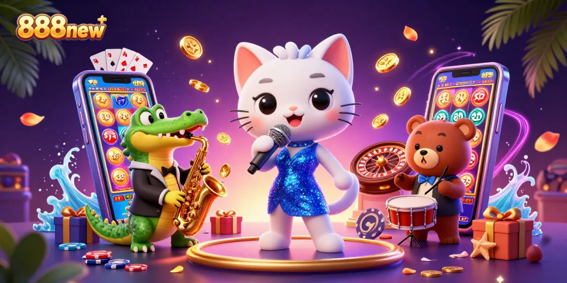 Experience the excitement at 888new with a lively 3D casino scene featuring a jazz-singer cat, saxophone crocodile, and drumming bear.