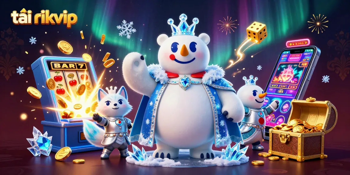 Play and win with tải rikvip as the ice king polar bear and snow fox reveal casino treasures amidst a vibrant scene.