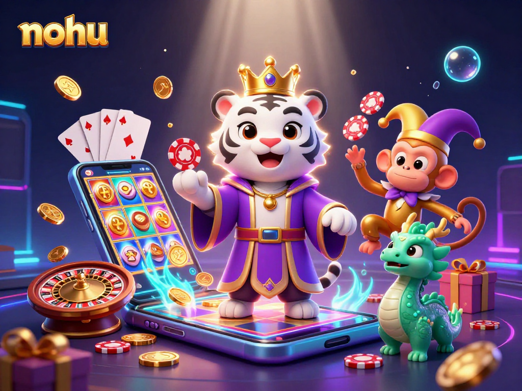 Nohu gaming scene with a white tiger, monkey juggling poker chips and a jade dragon, vibrant casino atmosphere