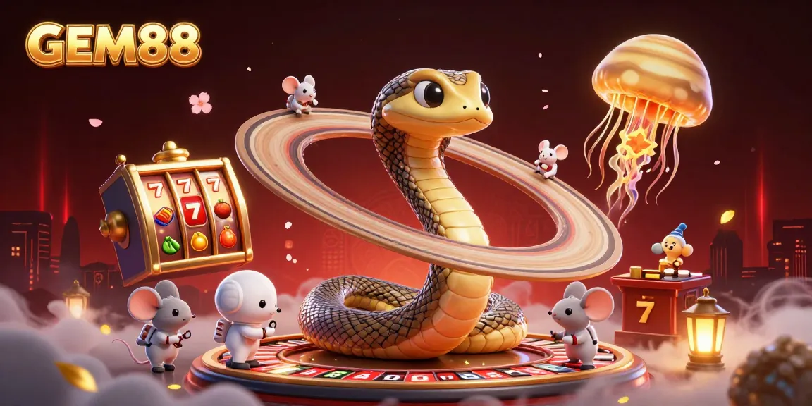Engage in thrilling GEM88 slot action with whimsical characters and vibrant casino elements.