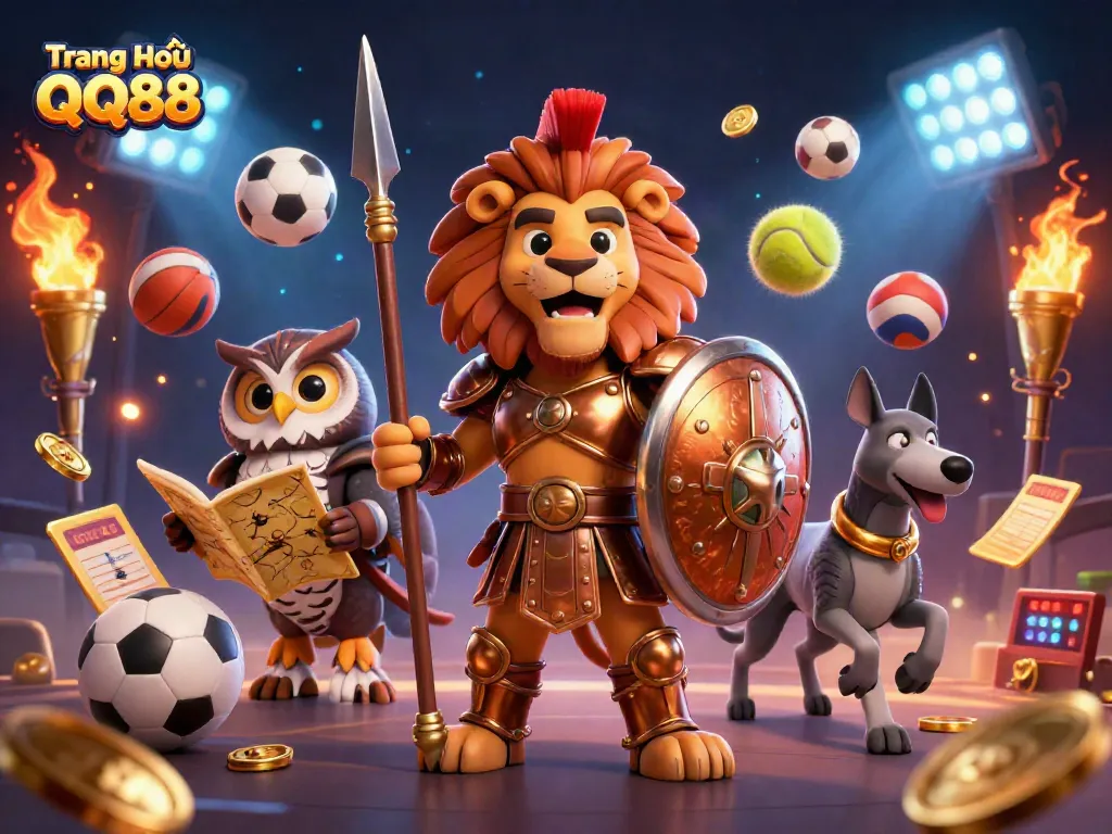 Bet on sports with Trang Chủ QQ88's vibrant art featuring a Spartan lion, owl strategist, and greyhound.